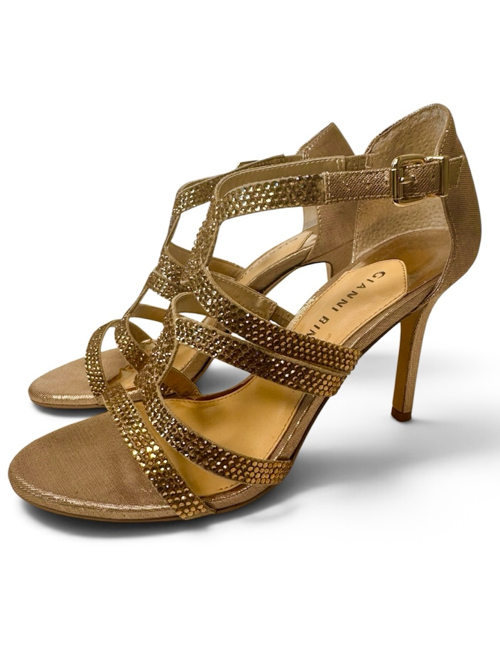 Gold Sparkly Strappy Beaded Open Toe 4" Gianni Bini High Heel Shoes size 8.5 M